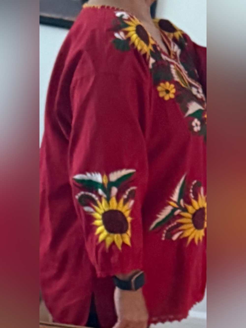 Women’s Sunflower Embroidered Red Long Sleeve Tunic Top - Picture 9 of 10